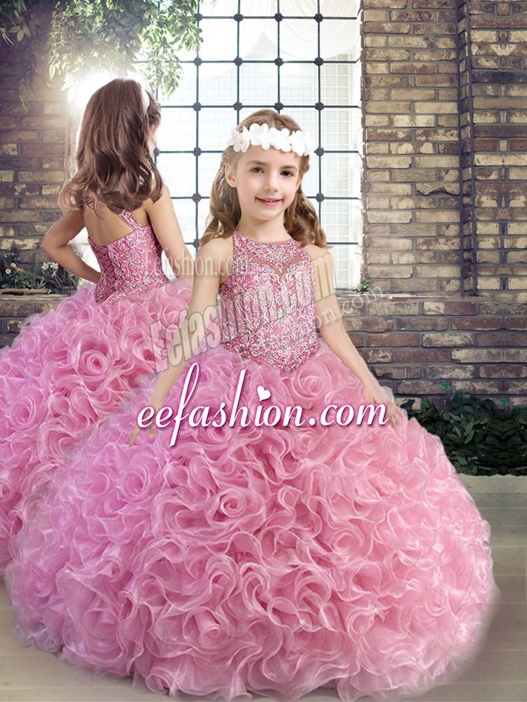  Pink Scoop Lace Up Beading Girls Pageant Dresses Sleeveless