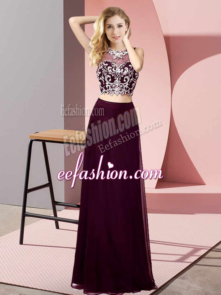 Vintage Burgundy Two Pieces Scoop Sleeveless Chiffon Floor Length Backless Beading Prom Gown