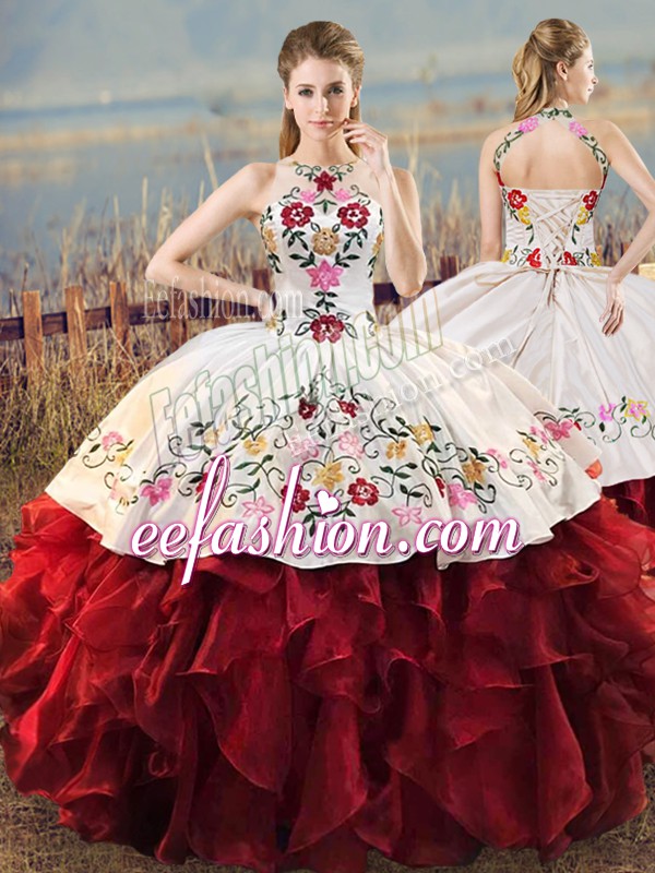 Shining White And Red Sleeveless Floor Length Embroidery and Ruffles Lace Up Quinceanera Gown