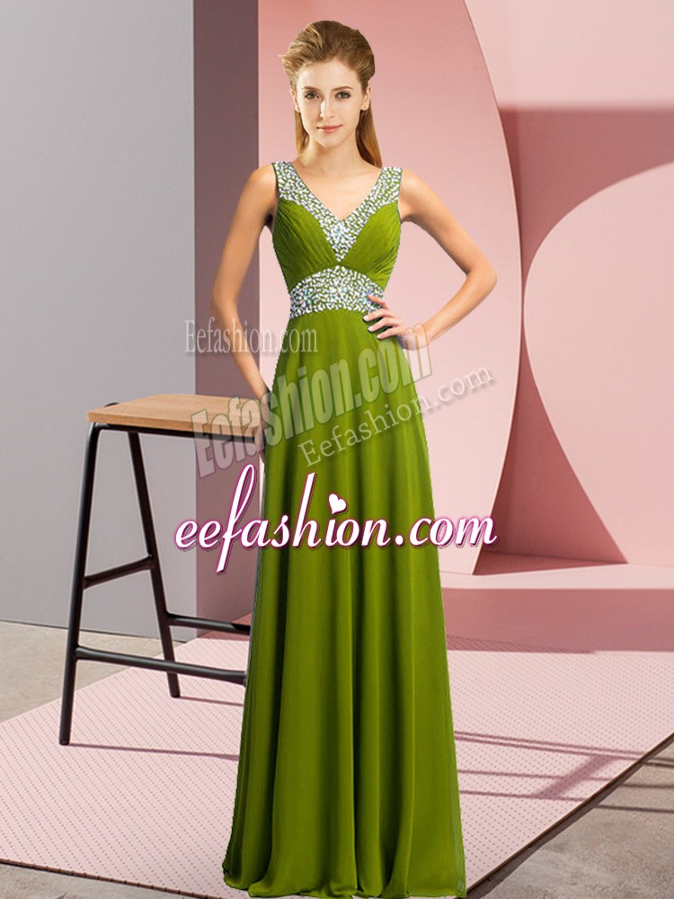 Beautiful Olive Green Empire Chiffon V-neck Sleeveless Beading Floor Length Lace Up Prom Evening Gown
