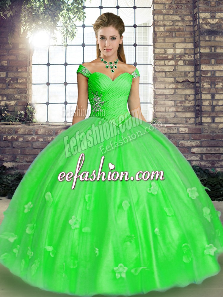 Adorable Floor Length Lace Up Quince Ball Gowns Green for Military Ball and Sweet 16 and Quinceanera with Beading and Appliques