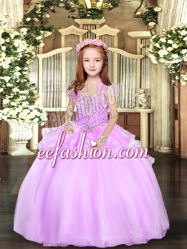 Simple Sleeveless Floor Length Beading Lace Up Little Girls Pageant Dress Wholesale with Lilac