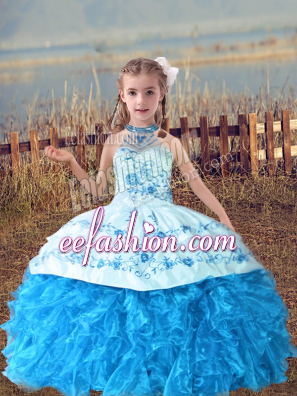  Floor Length Lace Up Pageant Dress Baby Blue for Wedding Party with Beading and Embroidery and Ruffles
