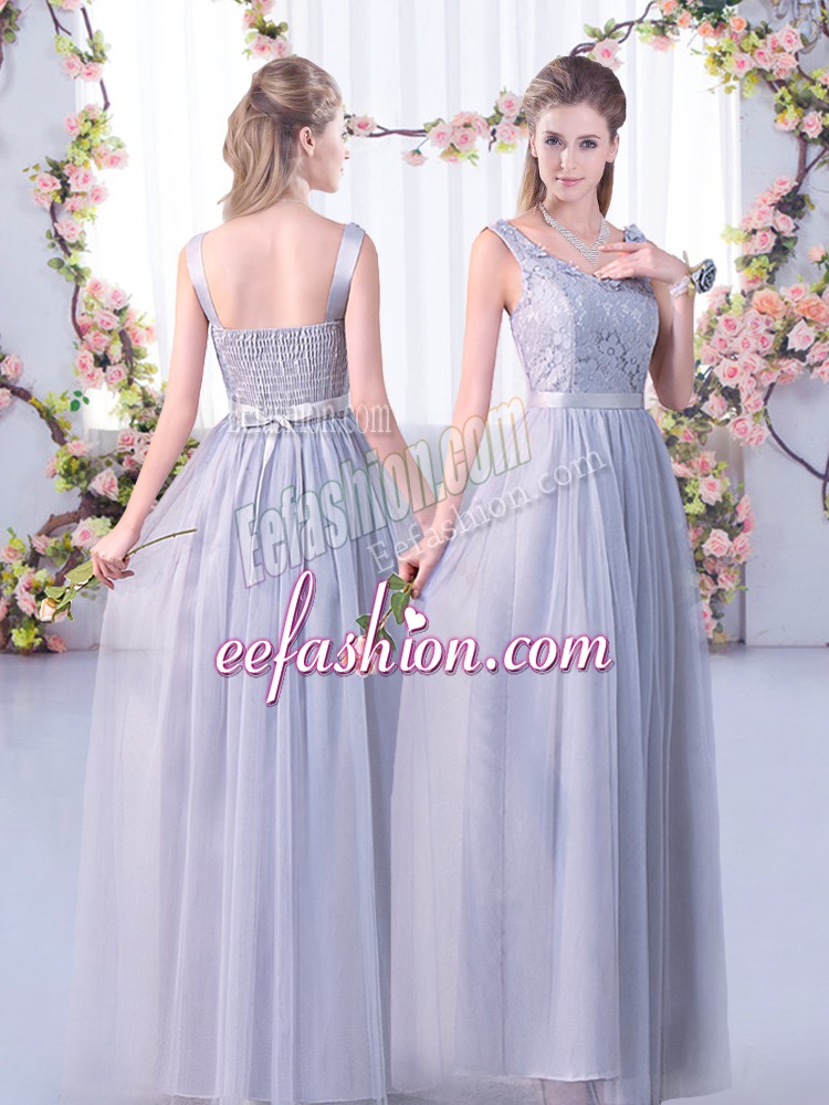  Grey Tulle Side Zipper V-neck Sleeveless Floor Length Bridesmaid Dress Lace and Belt