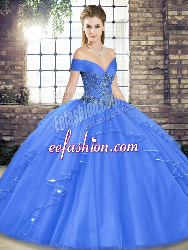  Blue Sleeveless Floor Length Beading and Ruffles Lace Up Quinceanera Dress