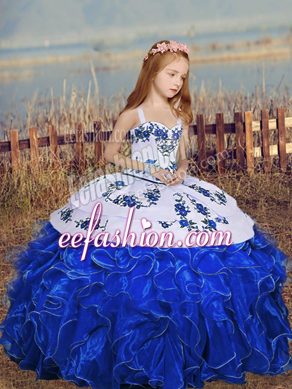 Gorgeous Royal Blue Ball Gowns Straps Sleeveless Organza Floor Length Lace Up Embroidery and Ruffles Little Girl Pageant Gowns