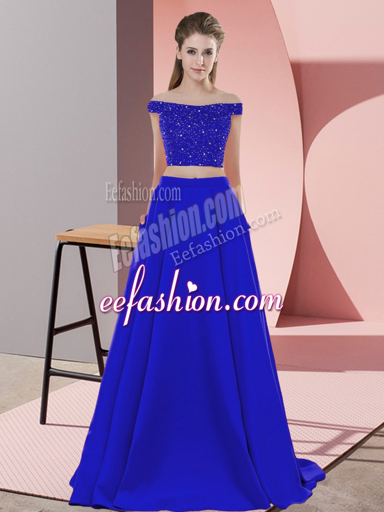  Sleeveless Beading Backless Prom Dresses with Blue Sweep Train