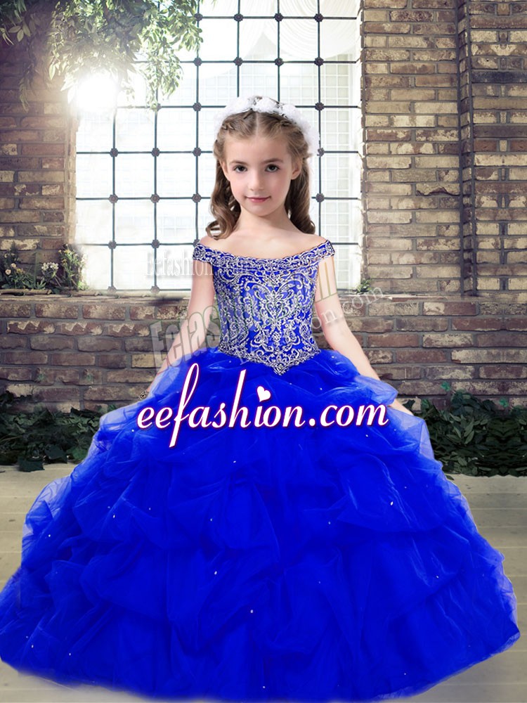  Royal Blue Little Girls Pageant Dress Party and Wedding Party with Beading and Pick Ups Scoop Sleeveless Lace Up
