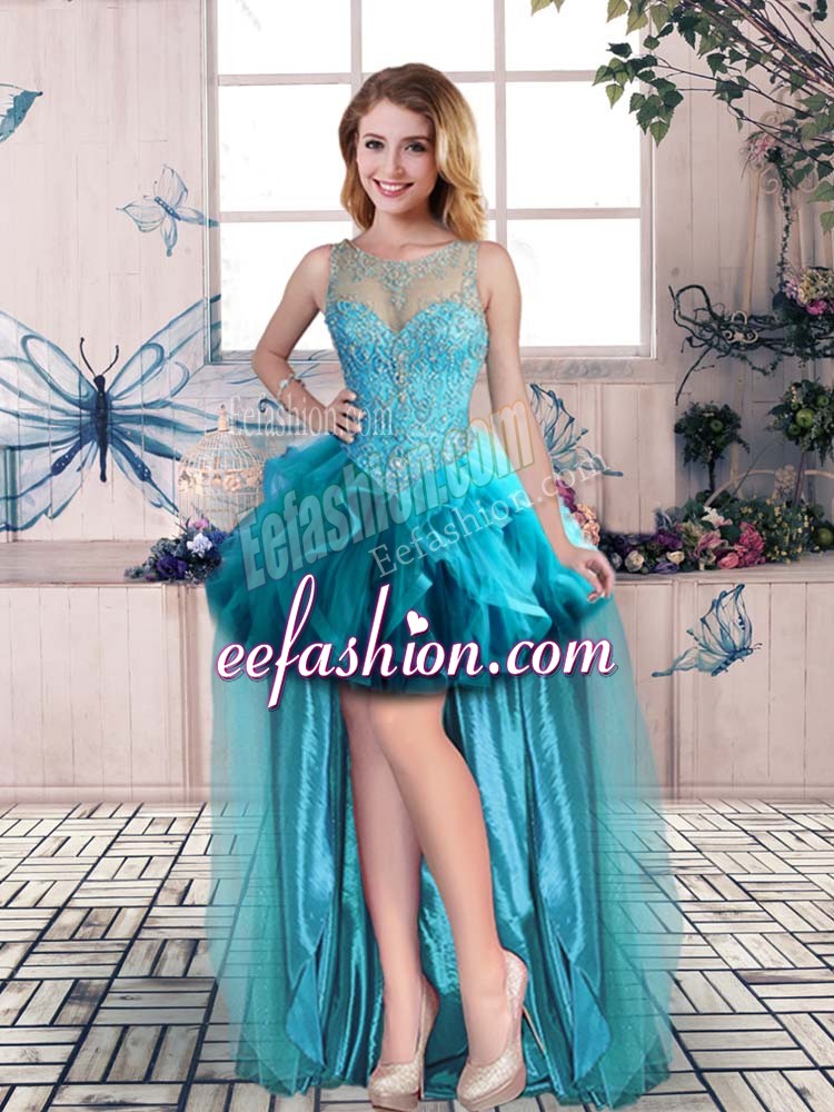 Sweet Sleeveless Tulle High Low Lace Up Evening Dress in Teal with Beading and Ruffles