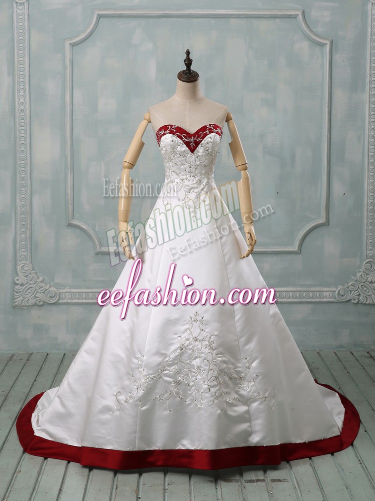 Flare Satin Sweetheart Sleeveless Brush Train Lace Up Beading and Embroidery Wedding Dress in White