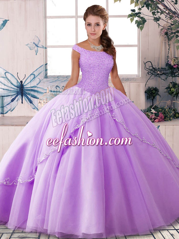 Wonderful Lavender Tulle Lace Up Off The Shoulder Sleeveless Quinceanera Dresses Brush Train Beading