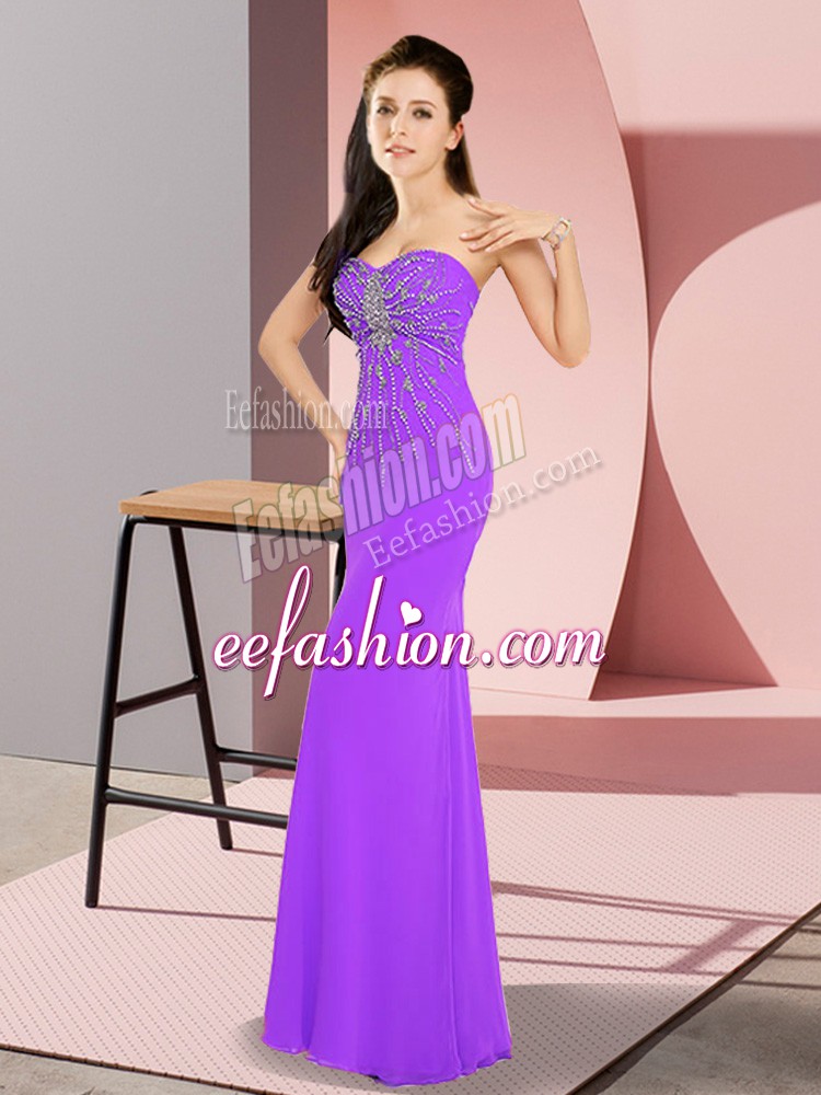 Classical Lavender Column/Sheath Sweetheart Sleeveless Chiffon Floor Length Zipper Beading Prom Dresses