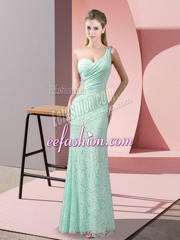 Exquisite Apple Green Column/Sheath One Shoulder Sleeveless Lace Floor Length Criss Cross Beading and Lace Prom Gown