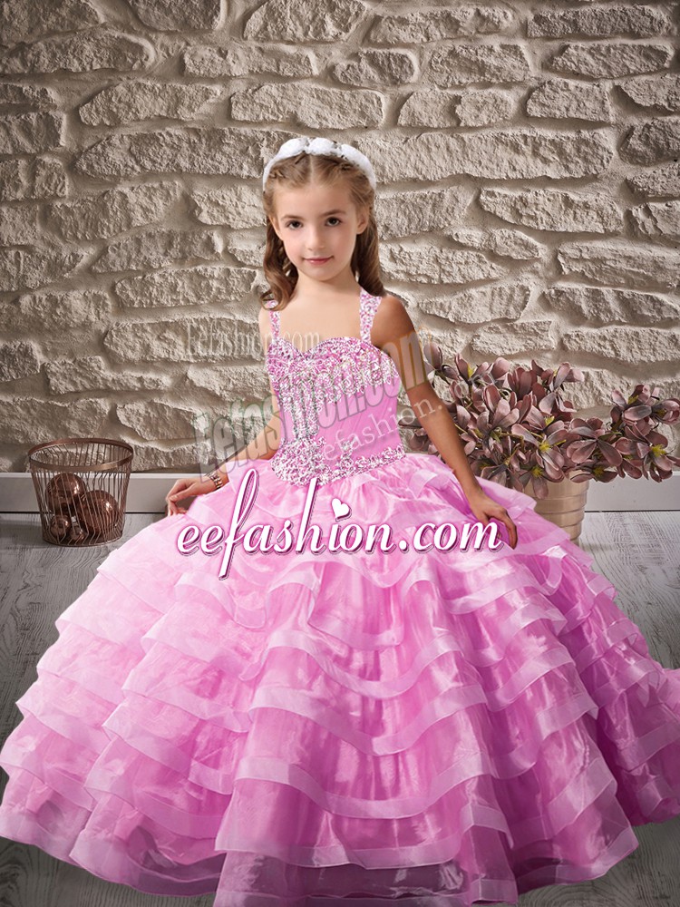 Trendy Lilac Ball Gowns Straps Sleeveless Organza Brush Train Lace Up Beading and Ruffled Layers Little Girl Pageant Dress