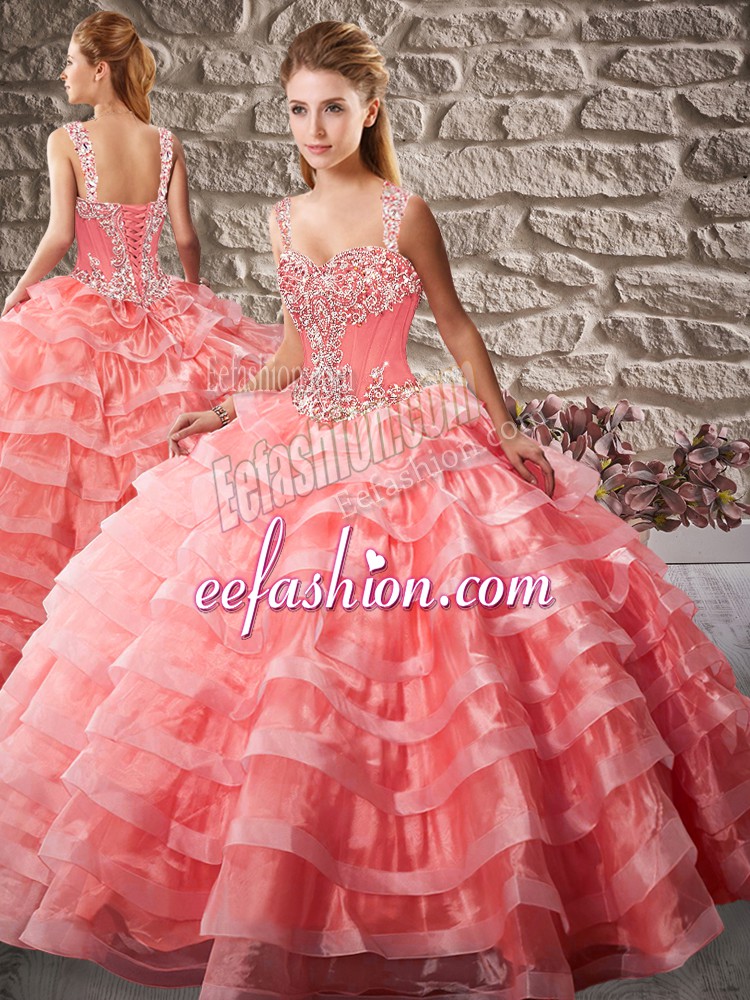  Straps Sleeveless Court Train Lace Up Quinceanera Gowns Watermelon Red Organza