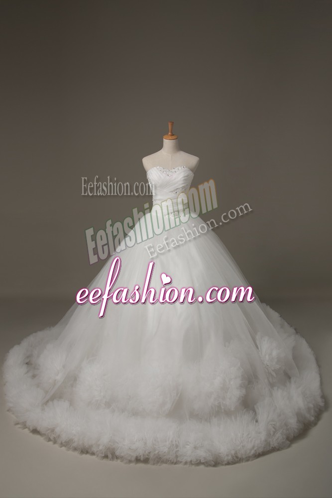 Delicate Sleeveless Tulle Court Train Lace Up Wedding Dress in White with Beading and Hand Made Flower
