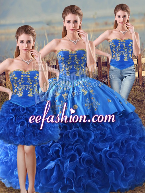 Low Price Royal Blue Sweetheart Neckline Embroidery and Ruffles Quinceanera Dress Sleeveless Lace Up