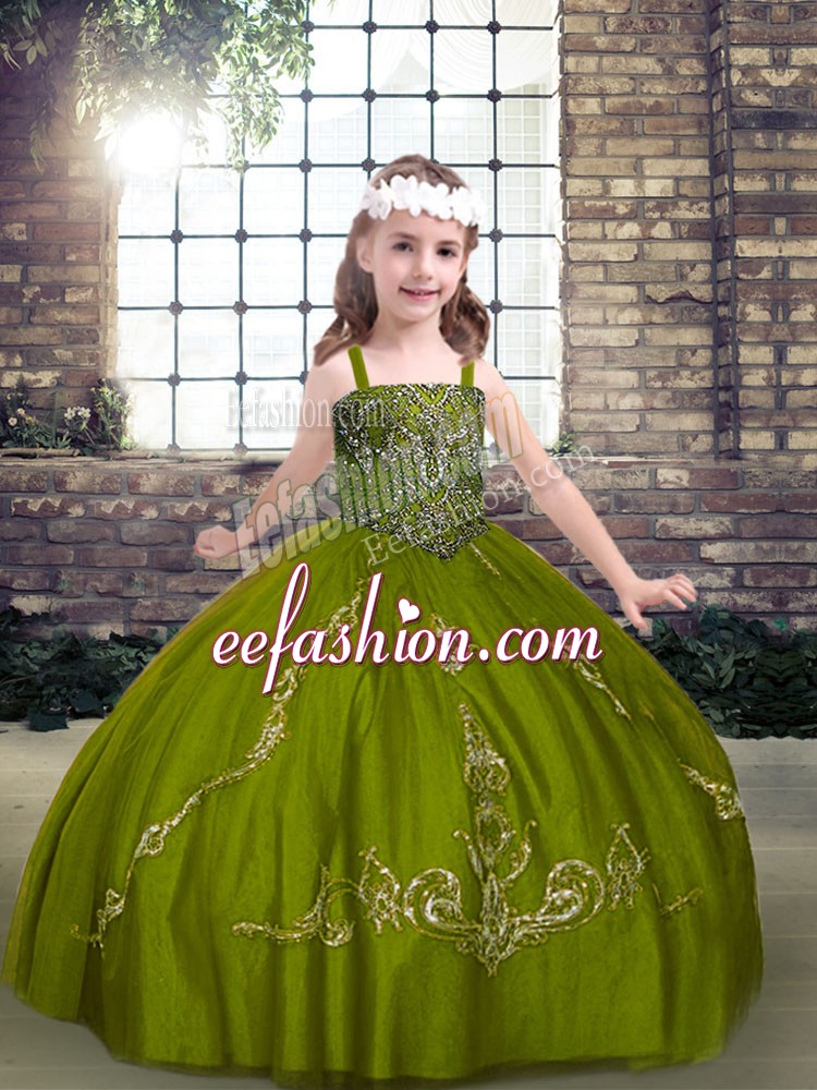Cute Olive Green Sleeveless Tulle Lace Up Pageant Gowns for Party and Military Ball and Wedding Party