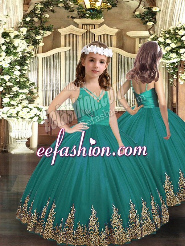  Floor Length Turquoise Little Girls Pageant Dress Wholesale Tulle Sleeveless Embroidery