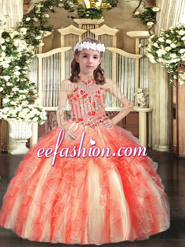 Great Orange Red Lace Up Halter Top Appliques and Ruffles Pageant Dress Tulle Sleeveless