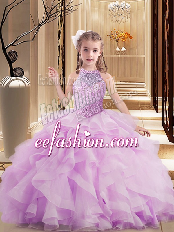  Floor Length Ball Gowns Sleeveless Lilac Little Girls Pageant Dress Lace Up