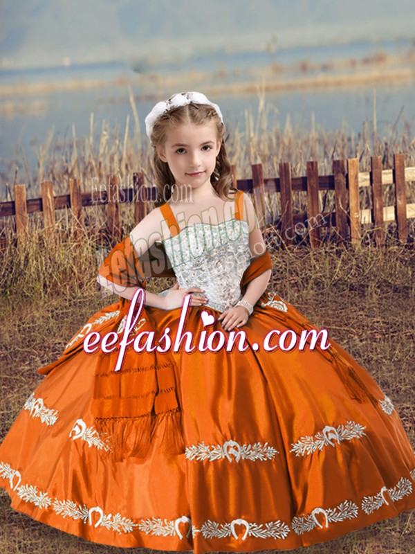  Satin Straps Sleeveless Lace Up Beading and Embroidery Little Girls Pageant Dress in Orange Red