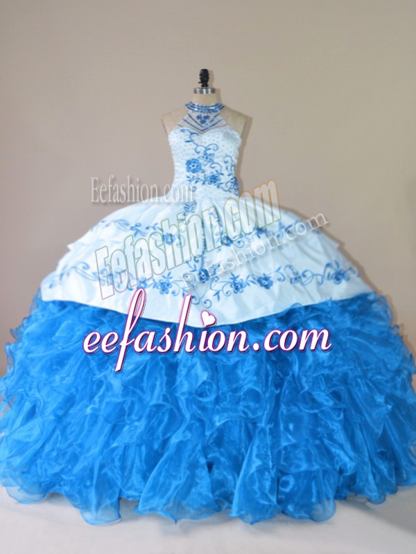 Elegant Blue Halter Top Lace Up Embroidery and Ruffles Sweet 16 Dress Court Train Sleeveless