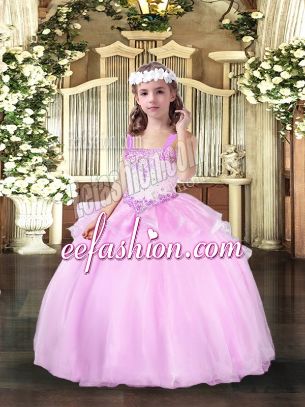Low Price Lilac Sleeveless Floor Length Beading Lace Up Pageant Gowns For Girls