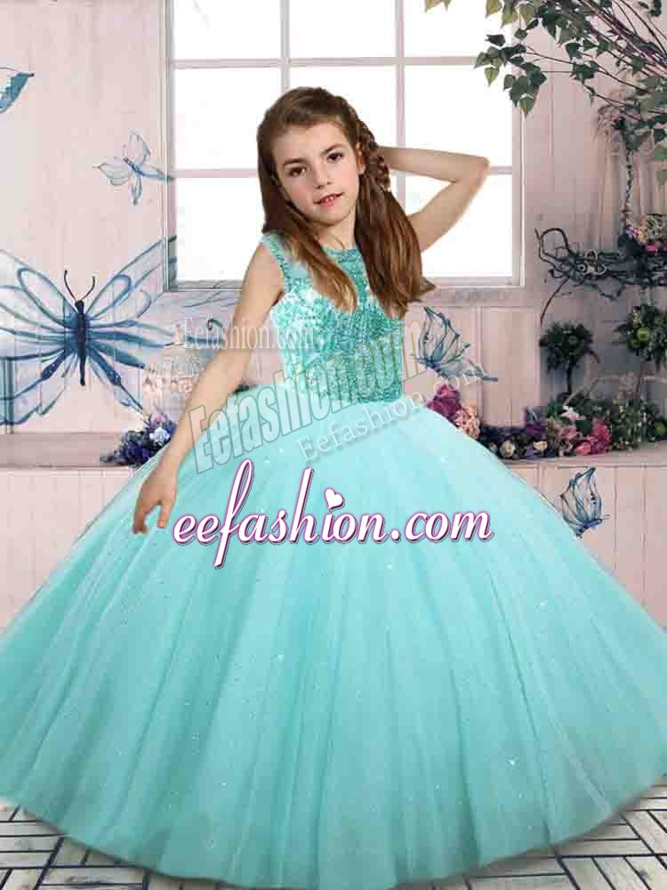  Scoop Sleeveless Child Pageant Dress Floor Length Beading Aqua Blue Tulle