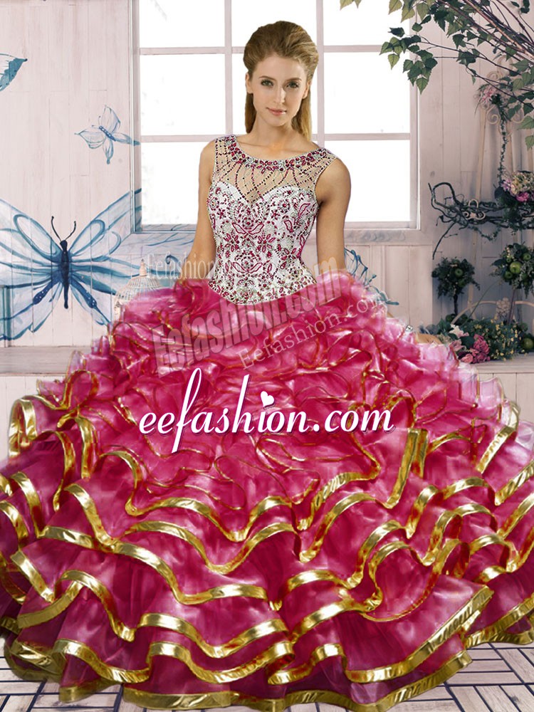 Best Fuchsia Lace Up Scoop Beading and Ruffles 15 Quinceanera Dress Organza Sleeveless