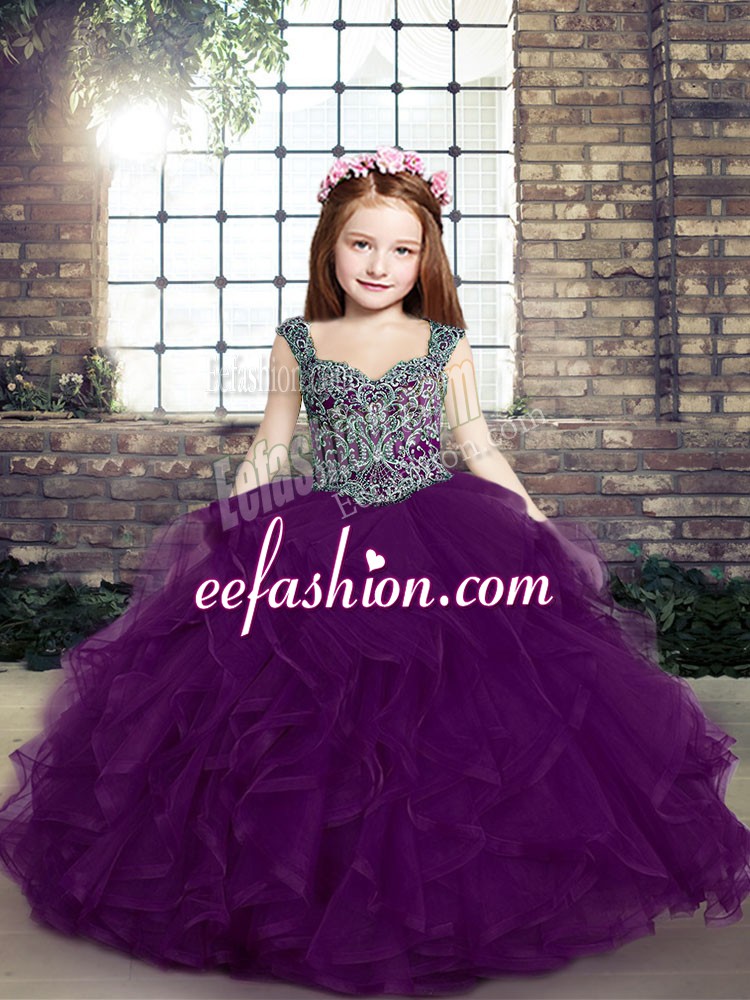 Eye-catching Eggplant Purple Sleeveless Tulle Lace Up Girls Pageant Dresses for Party and Military Ball and Wedding Party