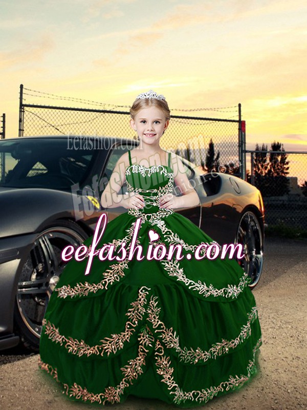  Dark Green Straps Lace Up Embroidery Custom Made Pageant Dress Sleeveless