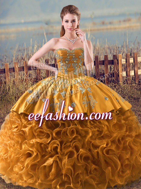 Dramatic Sweetheart Sleeveless Fabric With Rolling Flowers Ball Gown Prom Dress Embroidery and Ruffles Lace Up