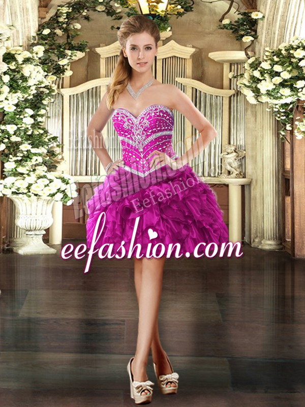  Fuchsia Ball Gowns Sweetheart Sleeveless Organza Mini Length Lace Up Beading and Ruffles Prom Evening Gown