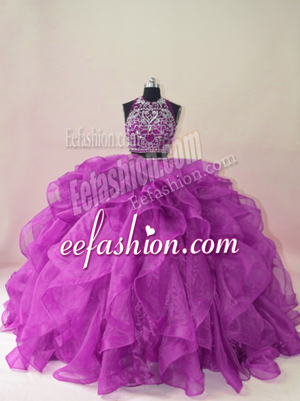  Backless Quinceanera Gown Purple for Sweet 16 and Quinceanera with Beading and Ruffles Brush Train
