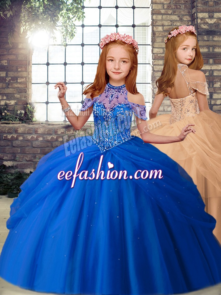 Elegant Blue and Peach Lace Up Little Girls Pageant Dress Wholesale Beading Sleeveless Floor Length