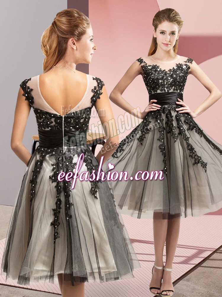 Exquisite Sleeveless Knee Length Beading and Lace Zipper Dama Dress with Black