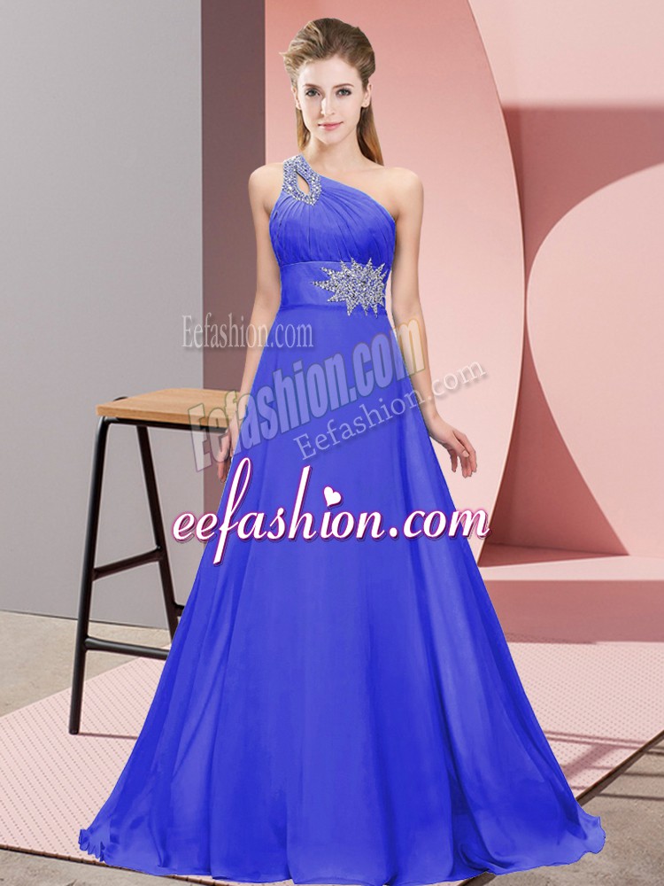  Purple One Shoulder Lace Up Beading and Ruching Dress for Prom Sleeveless