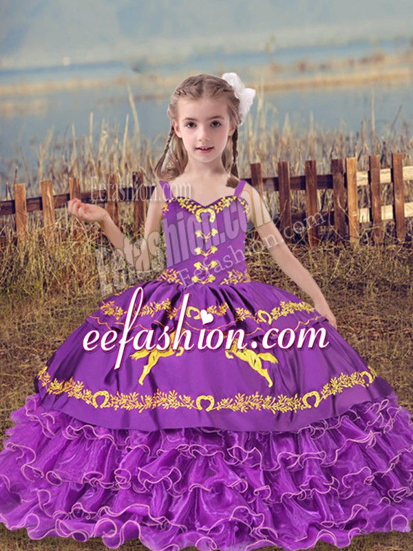  Eggplant Purple Little Girls Pageant Dress Wholesale Wedding Party with Beading and Embroidery and Ruffled Layers Straps Sleeveless Lace Up