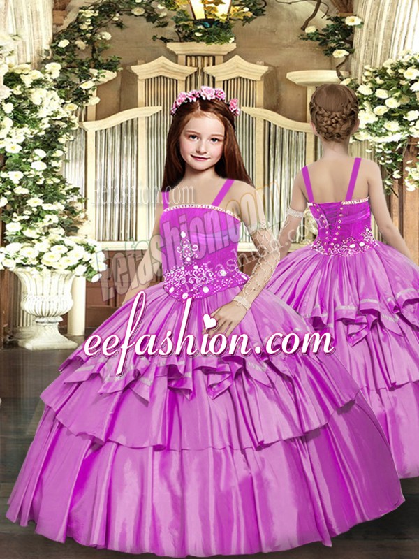 Cheap Floor Length Lilac Kids Formal Wear Taffeta Sleeveless Beading and Ruffled Layers
