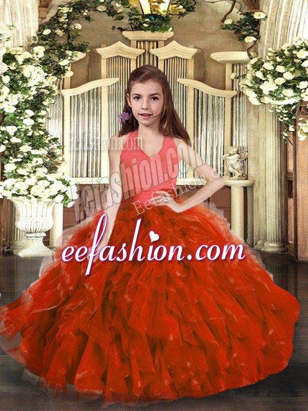  Rust Red Organza Lace Up Halter Top Sleeveless Floor Length Little Girls Pageant Dress Wholesale Ruffles