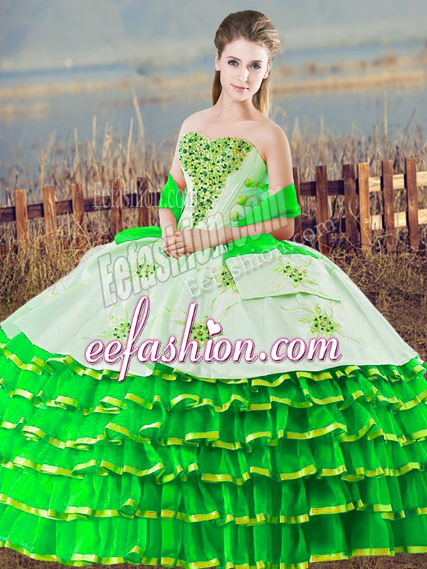 Free and Easy Green Ball Gowns Beading and Ruffled Layers Quinceanera Dress Lace Up Organza Sleeveless Floor Length