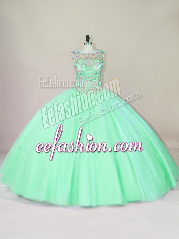 Scoop Sleeveless Quince Ball Gowns Floor Length Beading Apple Green Tulle
