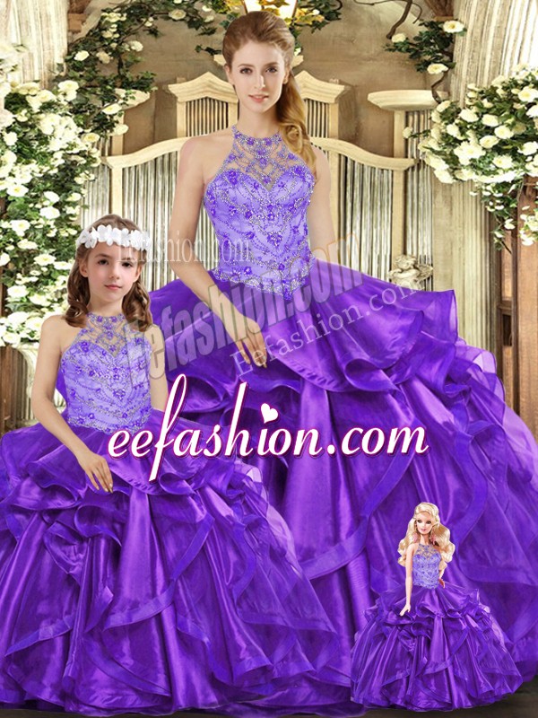 Delicate Floor Length Purple Sweet 16 Quinceanera Dress Organza Sleeveless Beading and Ruffles
