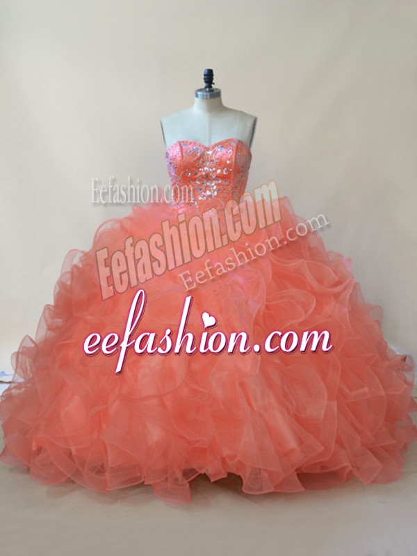 Superior Orange Organza and Tulle Lace Up Sweetheart Sleeveless Floor Length Vestidos de Quinceanera Beading and Ruffles