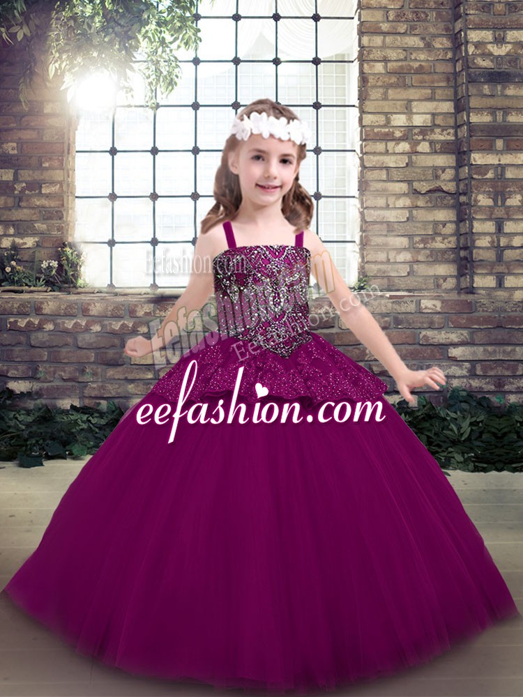 Cheap Ball Gowns Little Girls Pageant Dress Fuchsia Straps Tulle Sleeveless Floor Length Lace Up
