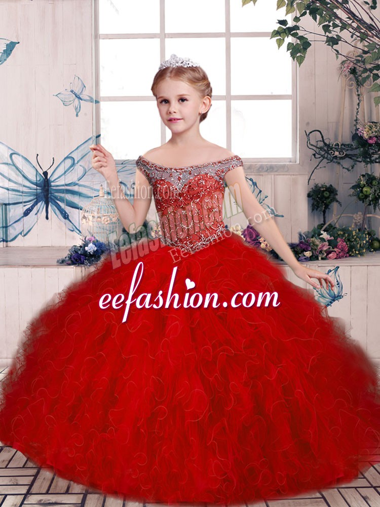 Fashion Red Sleeveless Tulle Lace Up Little Girls Pageant Dress for Party and Sweet 16