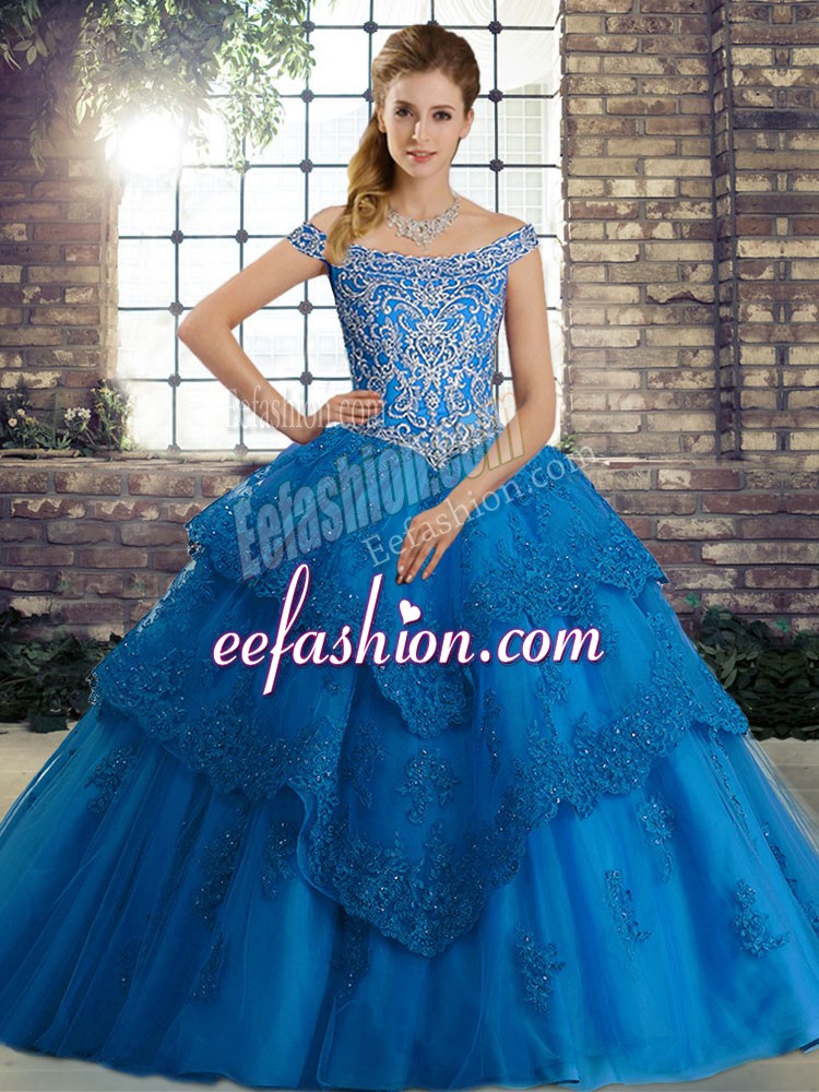 Charming Lace Up Quince Ball Gowns Blue for Military Ball and Sweet 16 and Quinceanera with Beading and Lace Brush Train