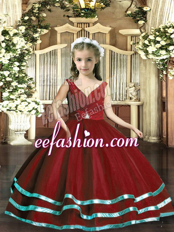 Elegant Wine Red Sleeveless Floor Length Beading and Ruching Backless Little Girls Pageant Gowns