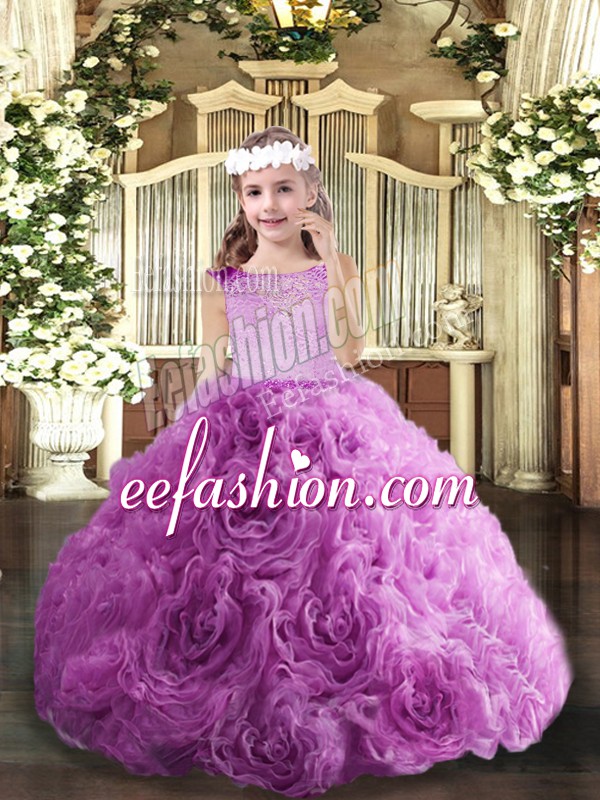  Scoop Sleeveless Zipper Kids Pageant Dress Lilac Fabric With Rolling Flowers